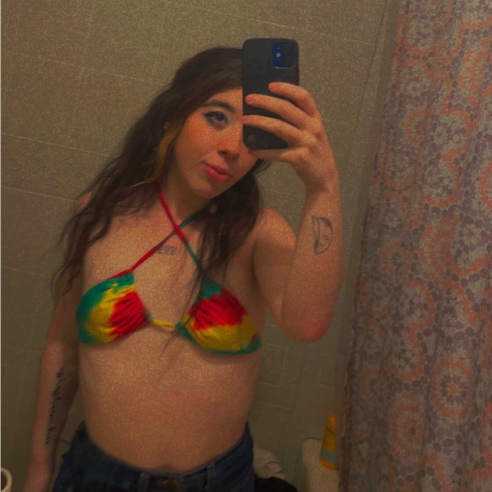 Red, green, and yellow bikini top
